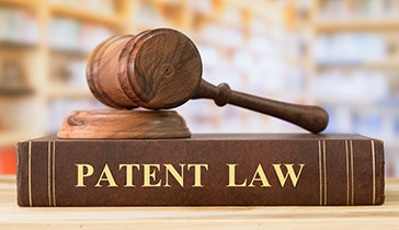 Gavel sitting on top of a book that reads PATENT LAW