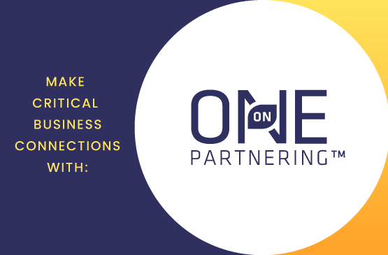 Dark blue and yellow graphic read "make critical business connections with BIO One-on-one partnering