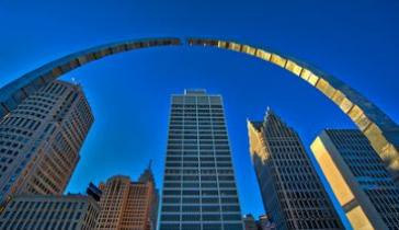 Detroit skyline Hart Plaza Arch
