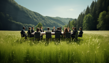 Image of a board meeting in a meadow