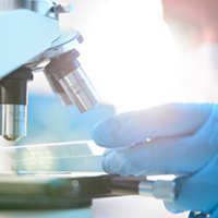 Researcher looking at substance underneath a microscope 