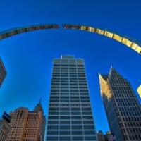 Detroit skyline Hart Plaza Arch